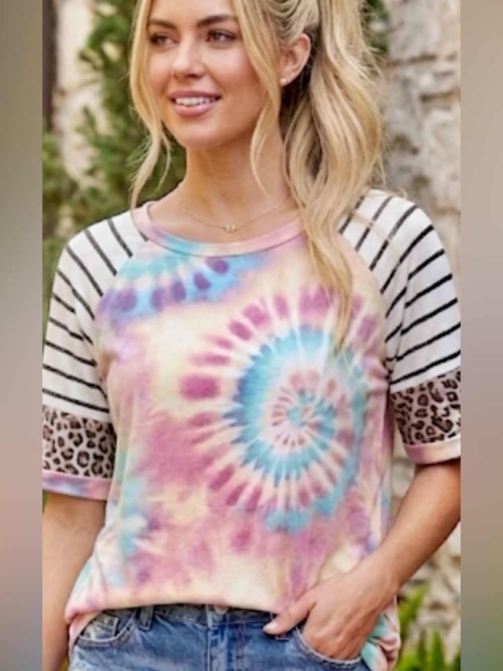 HAPTICS  Tie-Dye  Top with Striped Sleeves